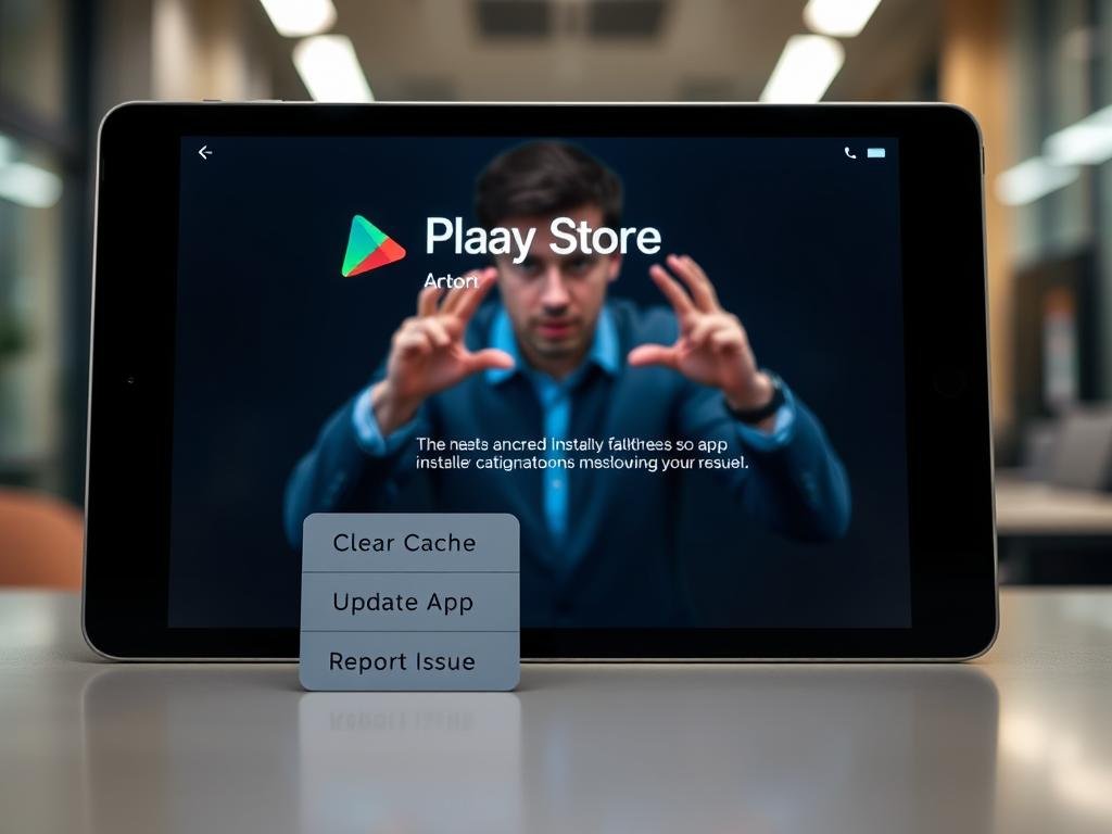 a brightly lit play store interface displayed on a tablet screen, with a prominent "error" message prominently shown. in the foreground, various troubleshooting options are presented, such as "clear cache", "update app", and "report issue". in the middle ground, a frustrated user gestures towards the tablet, surrounded by a sense of confusion and uncertainty. the background features a muted, blurred office environment, suggesting a professional setting where the user is attempting to resolve the app installation problem. the overall mood conveys a sense of technical frustration but with a clear path forward to resolve the issue.