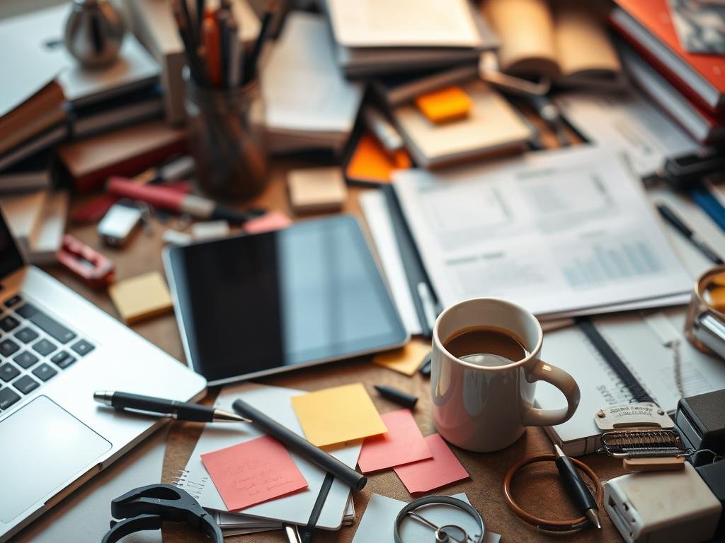 a cluttered workspace filled with a variety of content strategy tools, including a laptop, tablet, pen and paper, sticky notes, and a strategically placed mug of coffee. soft, warm lighting illuminates the scene, creating a cozy and focused atmosphere. the tools are arranged in a visually appealing and organized manner, hinting at the strategic and thoughtful approach to content planning. the background is blurred, emphasizing the importance of the tools and their role in the content strategy process.