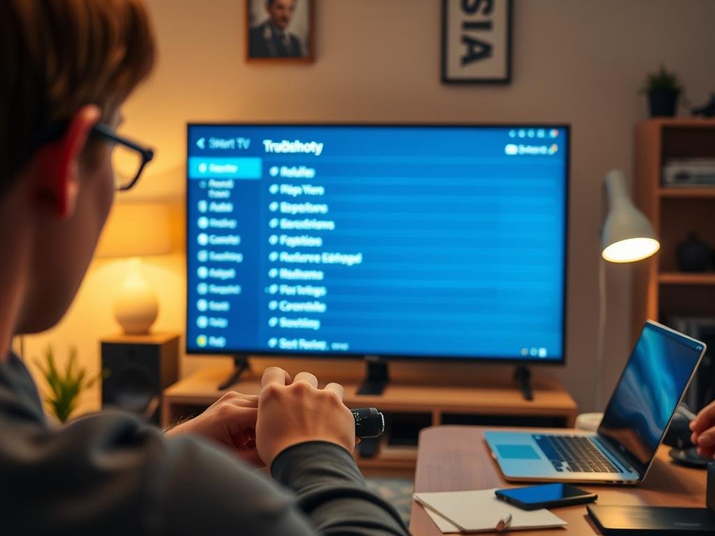 a cozy home office setting, with a smart tv taking center stage. the screen displays a troubleshooting interface, showcasing various menu options and settings. in the foreground, a person's hands are carefully navigating the tv's controls, their face obscured by the screen's glow. the background features a neatly organized desk, with a laptop, notes, and other tech accessories hinting at the process of resolving the tv's issues. warm, indirect lighting casts a soft, contemplative mood, as the scene captures the focus and problem-solving effort involved in troubleshooting a smart tv.
