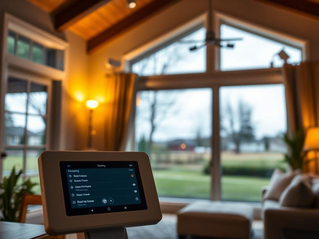 a cozy, well-lit home interior with a focus on smart security features. in the foreground, a sleek, minimalist control panel displays various security settings and smart home options. in the middle ground, a large window overlooks a serene suburban landscape, with discreet security cameras mounted on the exterior. the background features a mix of warm, natural lighting and a few strategically placed smart lighting fixtures that can be controlled remotely. the overall atmosphere conveys a sense of safety, comfort, and technological sophistication, perfectly suited for a "security, privacy, and cloud considerations" section of a home automation guide.