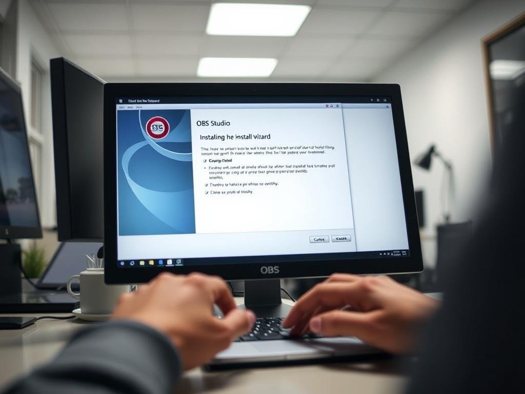 a detailed, step-by-step process of installing the obs studio software on a desktop computer. in the foreground, a laptop or desktop computer screen displays the obs installation wizard, with clear prompts and options. the middle ground shows a person's hands interacting with the mouse and keyboard, guiding the installation. in the background, a clean, well-lit office or home workspace provides a professional, productive atmosphere. subtle lighting highlights the process, and a shallow depth of field draws the viewer's attention to the critical installation steps. the overall tone is informative, clear, and visually engaging, perfectly suited to illustrate the "how to install obs studio" section of the article.