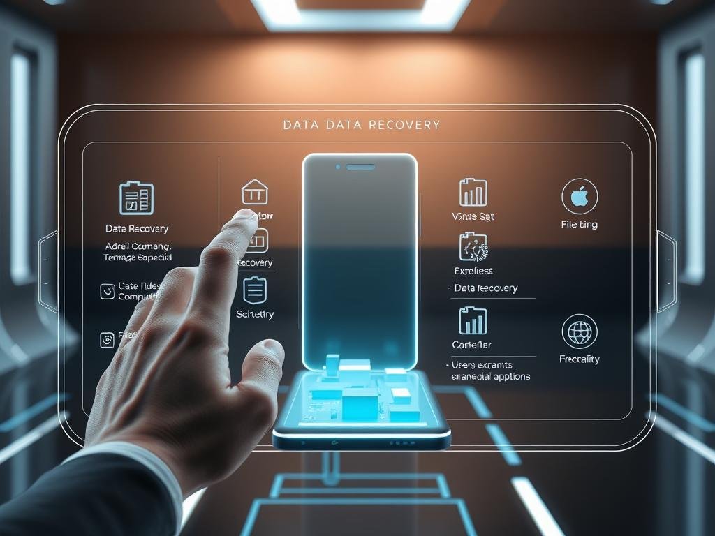 a futuristic android data recovery interface, featuring a sleek, holographic display with intuitive touchscreen controls. the foreground shows a hand interacting with the display, highlighting various data recovery options and file types. the middle ground showcases a 3d model of a smartphone, with its internal components visible, signifying the process of data extraction. the background depicts a minimalist, tech-inspired environment with subtle lighting and a sense of depth, creating an immersive and high-tech atmosphere.