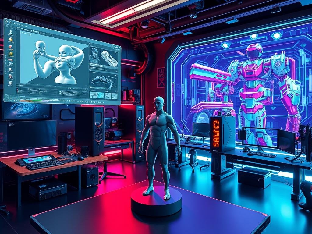 a futuristic, high-tech workspace filled with an array of cutting-edge gaming development tools. in the foreground, a sleek, three-dimensional modeling software interface hovers above a virtual character model, ready for intricate sculpting and animation. the middle ground features a series of specialized input devices, including a haptic gaming controller, a motion capture suit, and a virtual reality headset, all connected to powerful gaming pcs. in the background, a large, holographic display showcases a complex game engine, with real-time visualization of game assets, scripts, and physics simulations. the overall scene is bathed in a cool, neon-infused lighting, creating a dynamic and immersive atmosphere for the game development process.