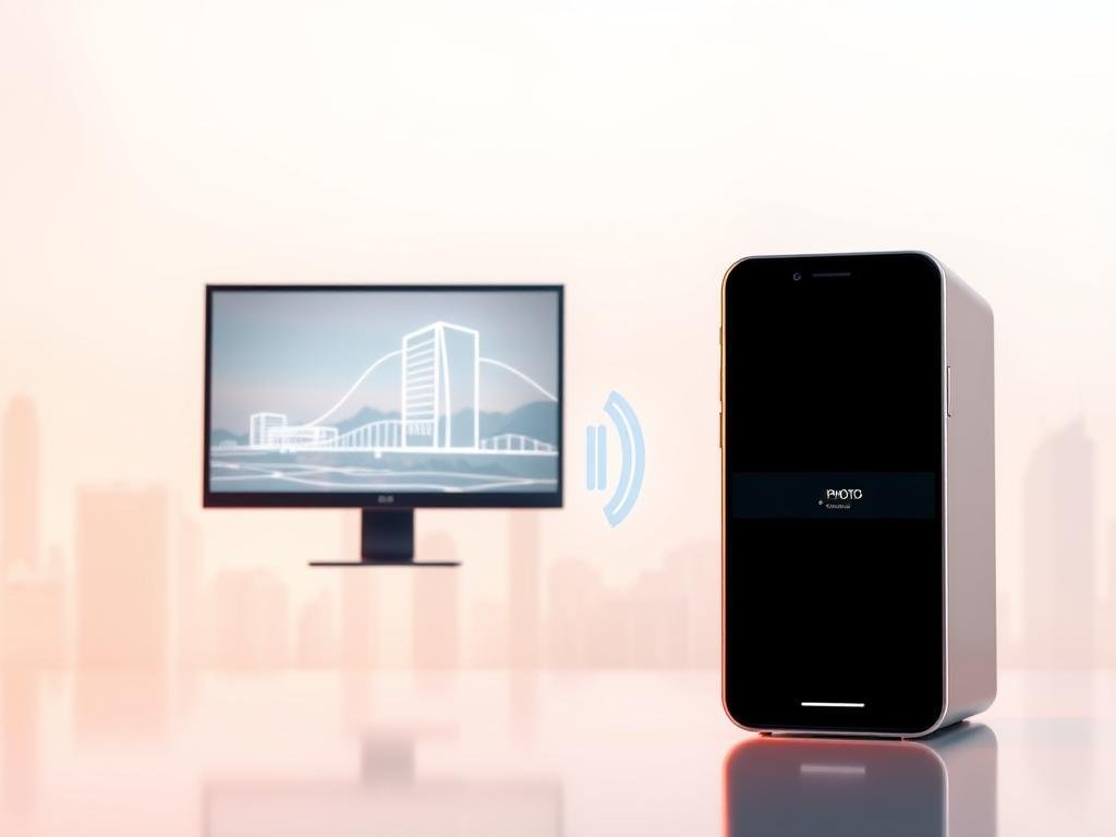 A futuristic scene of wireless file transfer, showcasing a smartphone screen displaying a photo transfer progress bar, accompanied by a floating, semi-transparent wireframe of a PC tower and monitor. The background features a soft, gradient-based cityscape with subtle architectural details, conveying a sense of modern, connected technology. The lighting is warm and diffused, creating a serene, minimalist atmosphere. The overall composition emphasizes the seamless, wireless nature of the photo transfer process, highlighting the convenience and simplicity of the task.