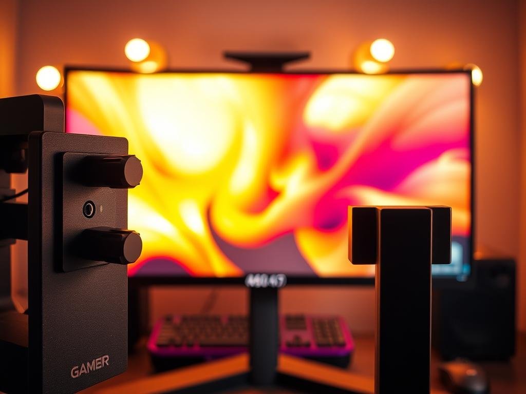 a gaming monitor display with precise calibration controls in the foreground, illuminated by soft, warm lighting from the sides. in the middle ground, a desktop computer setup with a keyboard and mouse, suggesting the use of the display for gaming and productivity. the background blurred, conveying a sense of focus on the calibration process. the display shows vivid, accurate colors and clearly defined details, reflecting the high-quality image output enabled by the calibration.