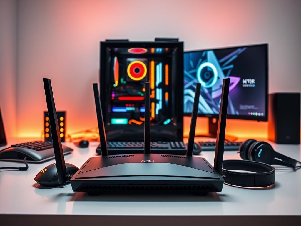 a meticulously arranged gaming router setup on a sleek, minimalist desk. in the foreground, the router sits prominently, its antennas extended, exuding a sense of technological prowess. surrounding it, various gaming peripherals - a high-performance mouse, a mechanical keyboard, and a pair of premium headphones - create a cohesive, streamlined visual narrative. the middle ground features a state-of-the-art gaming pc, its illuminated components casting a warm, inviting glow. in the background, a large, high-resolution monitor displays vivid, responsive graphics, immersing the viewer in the ultimate gaming experience. soft, directional lighting from above accentuates the clean lines and surfaces, creating a sense of balance and efficiency.