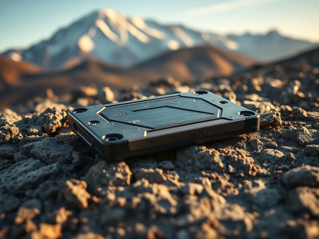 A rugged, weathered external SSD rests on a rocky, uneven terrain. The device's metal casing gleams in the warm, natural lighting, conveying a sense of durability and resilience. Intricate textures and scuffs on the surface suggest it has withstood the elements. In the background, a majestic, snow-capped mountain range stands tall, creating a picturesque backdrop that emphasizes the SSD's ability to thrive in demanding outdoor environments. The composition draws the viewer's attention to the key features that make this a reliable, high-performance storage solution for adventurous users.