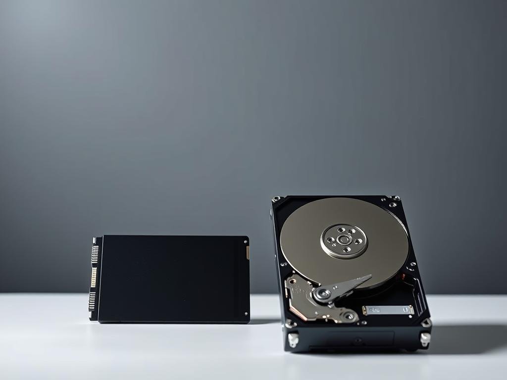 a sleek and modern tabletop scene showcasing a side-by-side comparison of a solid-state drive (ssd) and a traditional hard disk drive (hdd). in the foreground, the ssd and hdd are placed on a minimalist white surface, their contrasting form factors and materials highlighted by gentle, directional lighting from the top left. the middle ground features a subtle background gradient, transitioning from a soft, muted grey to a deeper charcoal tone, creating depth and focus on the storage devices. the overall mood is one of technical precision and clarity, inviting the viewer to closely examine the differences between these two storage technologies.