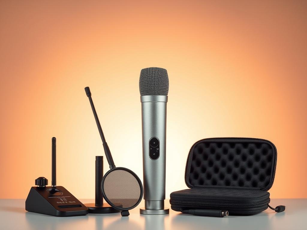 A sleek and modern wireless microphone with a variety of high-quality accessories, including a shock mount, a pop filter, and a compact carrying case. The microphone is positioned against a minimalist backdrop, bathed in warm, soft lighting that accentuates its metallic finish. The accessories are neatly arranged around the microphone, showcasing their functionality and design. The overall scene conveys a sense of professional-grade equipment, suitable for podcasting, streaming, or high-quality audio recording.
