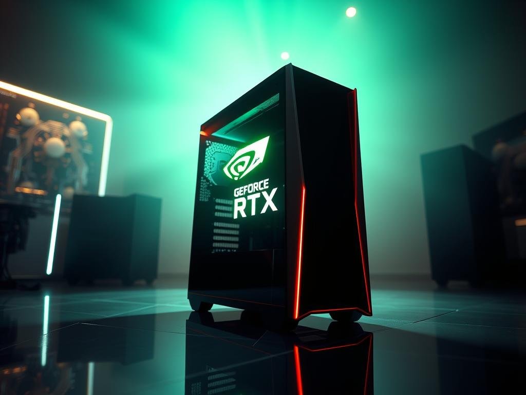 a sleek, modern gaming computer tower prominently displaying the geforce rtx series logo, surrounded by a dynamic lighting setup casting a vibrant glow. the tower rests on a glossy, reflective surface, creating a sense of depth and showcasing the clean, angular design. in the background, a subtle, high-tech environment with hints of circuits and digital elements, suggesting the advanced technology powering the geforce rtx graphics cards. the lighting and atmosphere convey a sense of power, performance, and cutting-edge technology, perfectly capturing the essence of the geforce rtx series as an essential component for building a top-tier gaming pc.
