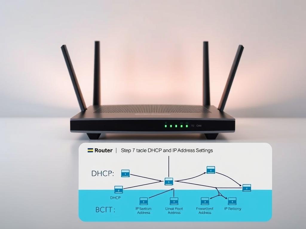 a sleek, modern router against a minimalist backdrop, its glowing status lights casting a soft glow. in the foreground, a detailed diagram illustrates dhcp settings and ip address allocation, the network topology rendered in clean lines and geometric shapes. the overall scene conveys a sense of technical prowess and network optimization, the perfect visual accompaniment to "step 7: optimize dhcp and ip address settings" in an article on router security configuration. a sleek, modern router against a minimalist backdrop, its glowing status lights casting a soft glow. in the foreground, a detailed diagram illustrates dhcp settings and ip address allocation, the network topology rendered in clean lines and geometric shapes. the overall scene conveys a sense of technical prowess and network optimization, the perfect visual accompaniment to "step 7: optimize dhcp and ip address settings" in an article on router security configuration.