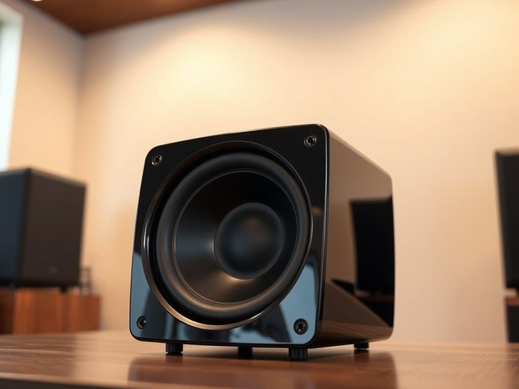 a sleek, powerful subwoofer rests on a wooden surface, its glossy black exterior reflecting the warm lighting overhead. the front grille features a bold, circular design, hinting at the deep, rumbling bass it is capable of producing. the subwoofer sits slightly elevated, allowing for optimal airflow and positioning. the angle of the camera captures the subwoofer's imposing presence, emphasizing its role as a crucial component in a high-quality audio setup. the background is subtly blurred, keeping the focus on the subwoofer's striking appearance and technological prowess.