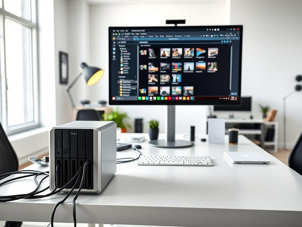 a spacious, well-lit home office with a modern, minimalist desk setup. in the foreground, a sleek, silver nas (network-attached storage) device stands prominently on the desk, its multiple drive bays hinting at expandable storage capacity. cables neatly organize the desk, leading to a high-resolution monitor displaying a file explorer interface, showcasing the seamless integration of the nas into the computing environment. the middle ground features various organizational accessories, such as a stylish desk lamp and a potted plant, creating a harmonious and productive workspace. the background depicts floor-to-ceiling windows, allowing natural light to flood the room and highlight the crisp, clean aesthetic. the overall scene conveys a sense of efficiency, expandability, and a forward-looking approach to personal data storage and management.
