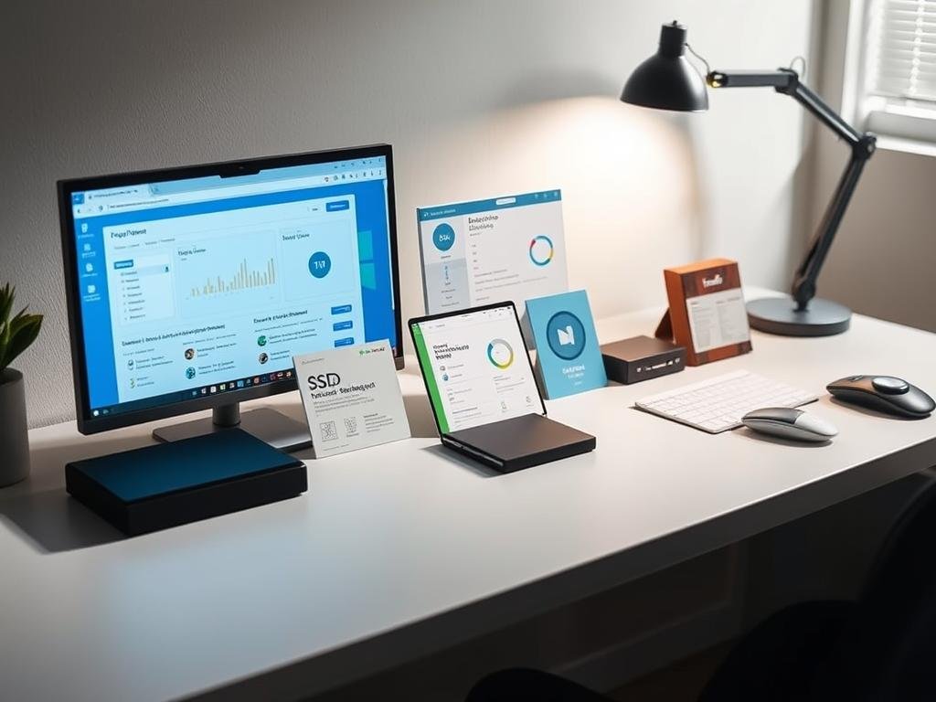 A well-lit desk setup featuring a variety of SSD optimization tools, including a partition manager, defragmentation software, and data backup utilities. The tools are neatly arranged on the desk, which has a minimalist, modern design. The lighting is soft and diffused, creating a calm and focused atmosphere. The camera angle is slightly elevated, providing a clear view of the tools and their interfaces. The overall scene conveys a sense of productivity and efficiency, reflecting the "Post-Upgrade Steps" section of the laptop SSD upgrade guide.