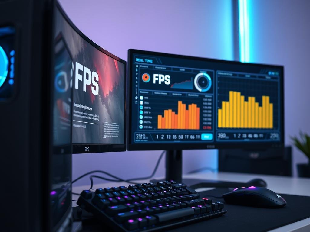 A well-lit gaming setup with a high-end desktop computer and dual monitors displaying real-time FPS performance data. The foreground shows the computer's display with a detailed FPS counter, system resource utilization, and other relevant metrics. The middle ground features the gaming peripherals like a mechanical keyboard and a precision mouse. The background showcases a clean, minimalist office or gaming space with subtle RGB lighting accents, creating a focused and professional atmosphere for performance monitoring.