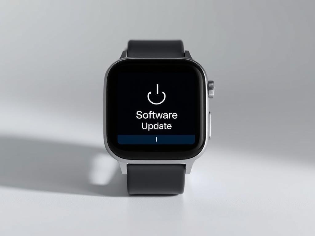 An image of a smartwatch screen displaying a software update notification in a clean, minimalist design. The watch face is rendered in high resolution, with a sleek and modern aesthetic. The update icon is prominently featured, surrounded by a subtle gradient backdrop that creates depth and visual interest. The lighting is soft and diffused, casting gentle shadows that accentuate the device's contours. The composition is balanced, with the smartwatch placed centrally and filling a significant portion of the frame. The overall mood is one of technological progress and efficient problem-solving.