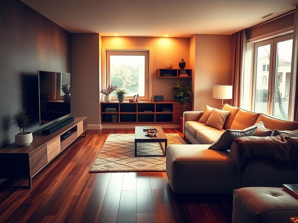 Detailed interior of a cozy living room, showcasing the strategic placement of a powerful subwoofer to enhance the soundbar experience. The subwoofer is positioned in the corner, leveraging the room's natural acoustics to deliver deep, rumbling bass that seamlessly integrates with the soundbar's audio. The room is bathed in warm, diffused lighting that creates a inviting ambiance, with subtle reflections on the hardwood floors and plush furniture. The layout features a spacious, open-concept design, allowing the sound waves to propagate freely and envelop the listener. The overall scene conveys a sense of immersion and high-fidelity sound that elevates the home theater experience.